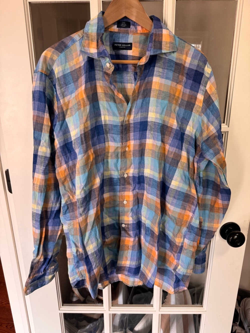 Peter millar men’s 100% linen plaid button down shirt size large